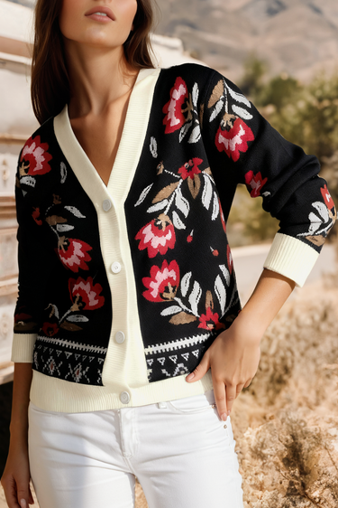 Fashion-W Floral Print Buttoned Front V Neck Cardigan